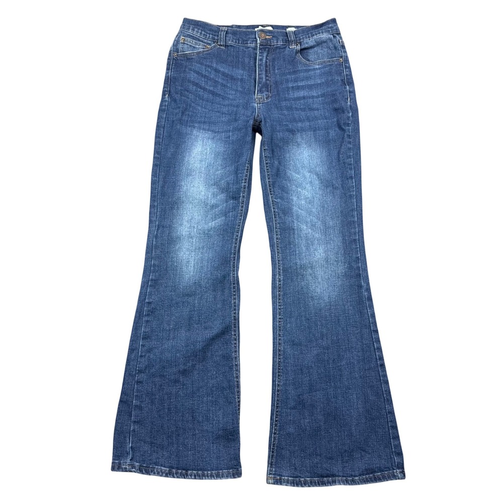 High Rise Flare Jeans Women 28 (29x31) Blue Stretch Denim Medium Wash Y2K Style